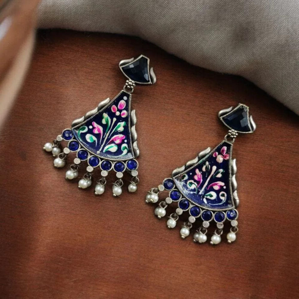 Maharani Jewels Oxidised Plated Pota Stone And Pearls Meenakari Dangler Earrings