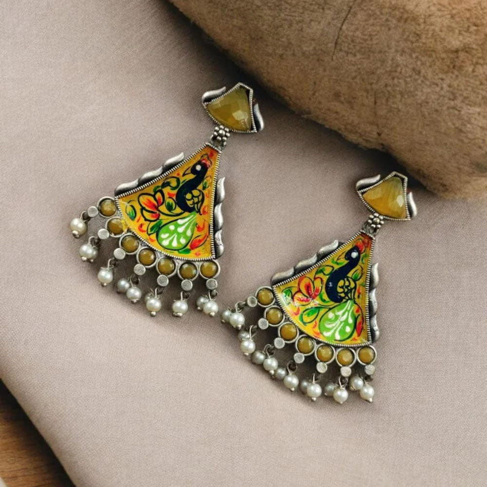 Maharani Jewels Oxidised Plated Pota Stone And Pearls Meenakari Dangler Earrings