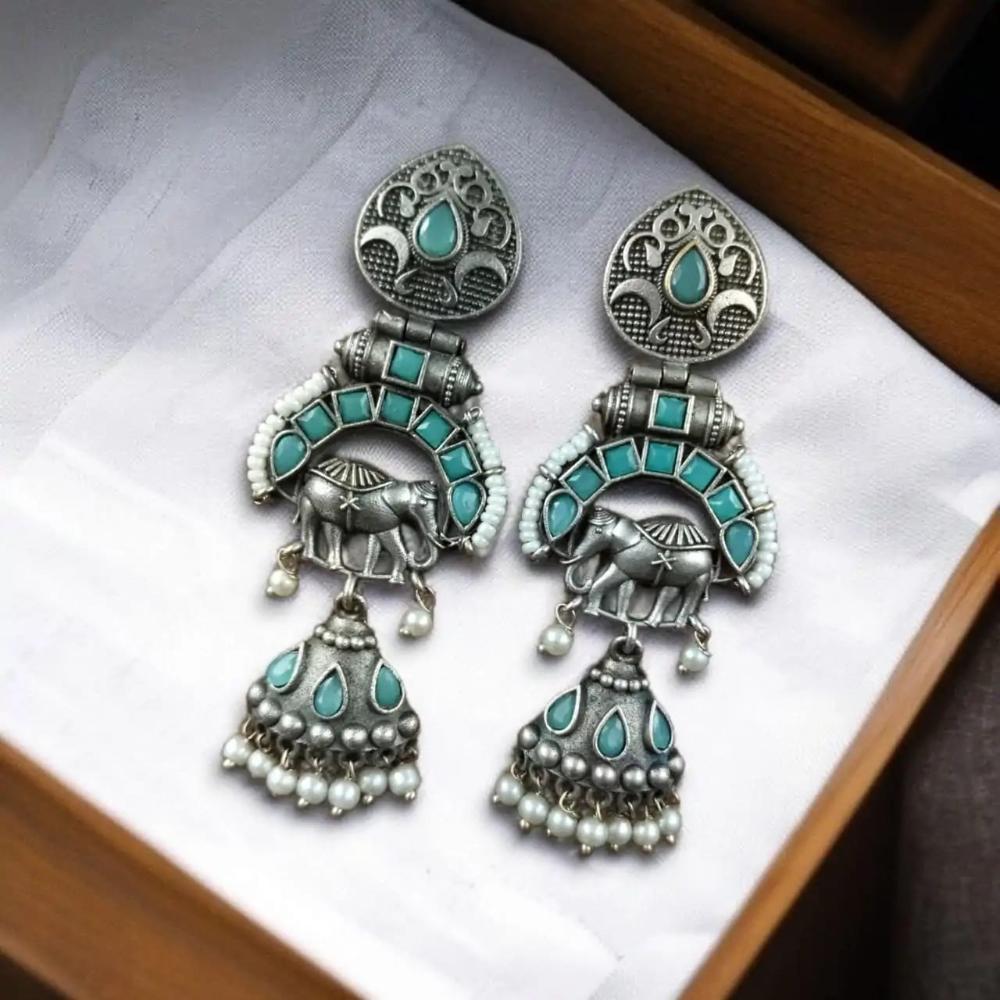 Maharani Jewels Inspired Oxidised Plated Pota & Pearl Detailing Jhumki Earrings