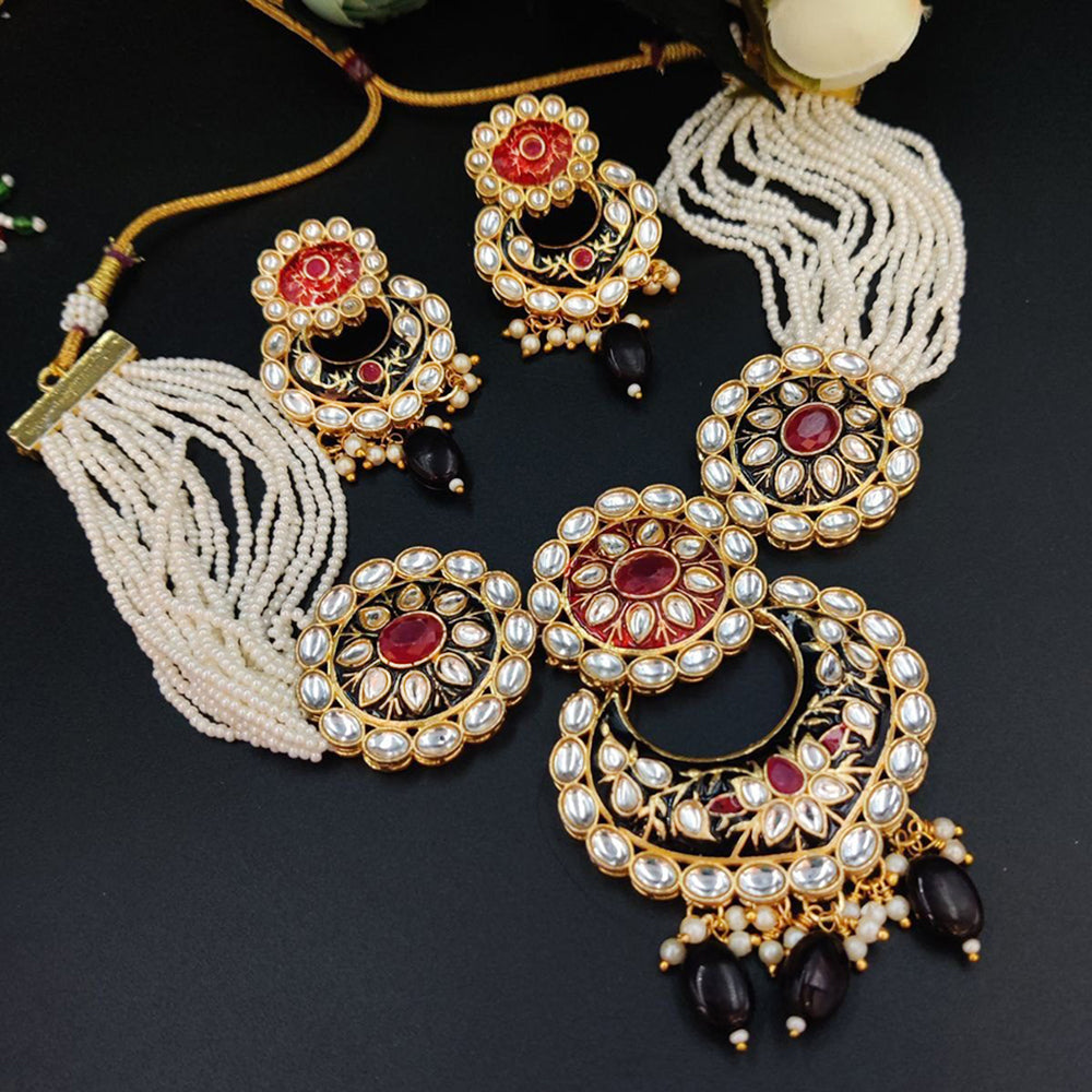 Maharani Jewels Gold Plated Kundan Stone Pearl And Meenakari Choker Necklace Set