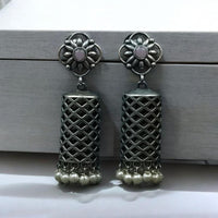 Maharani Jewels Ethnic Oxidized Plated Pota Stone And Pearl Jhumki Earrings