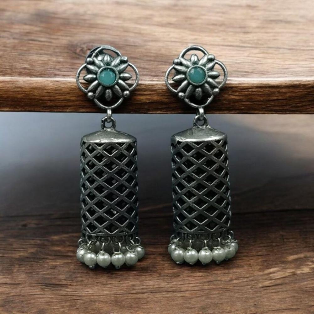 Maharani Jewels Ethnic Oxidized Plated Pota Stone And Pearl Jhumki Earrings