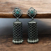 Maharani Jewels Ethnic Oxidized Plated Pota Stone And Pearl Jhumki Earrings