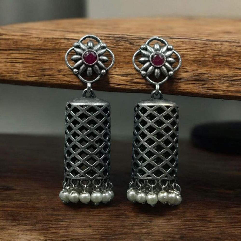 Maharani Jewels Ethnic Oxidized Plated Pota Stone And Pearl Jhumki Earrings