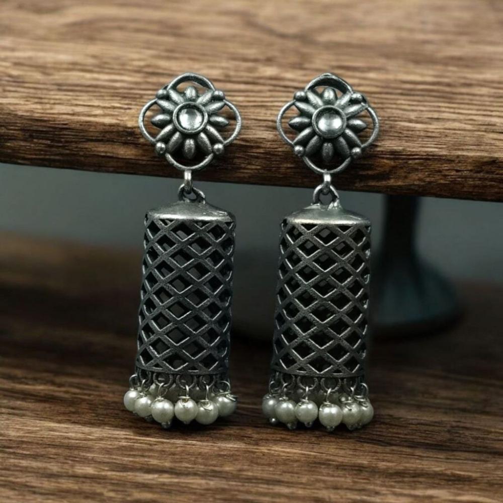 Maharani Jewels Ethnic Oxidized Plated Pota Stone And Pearl Jhumki Earrings