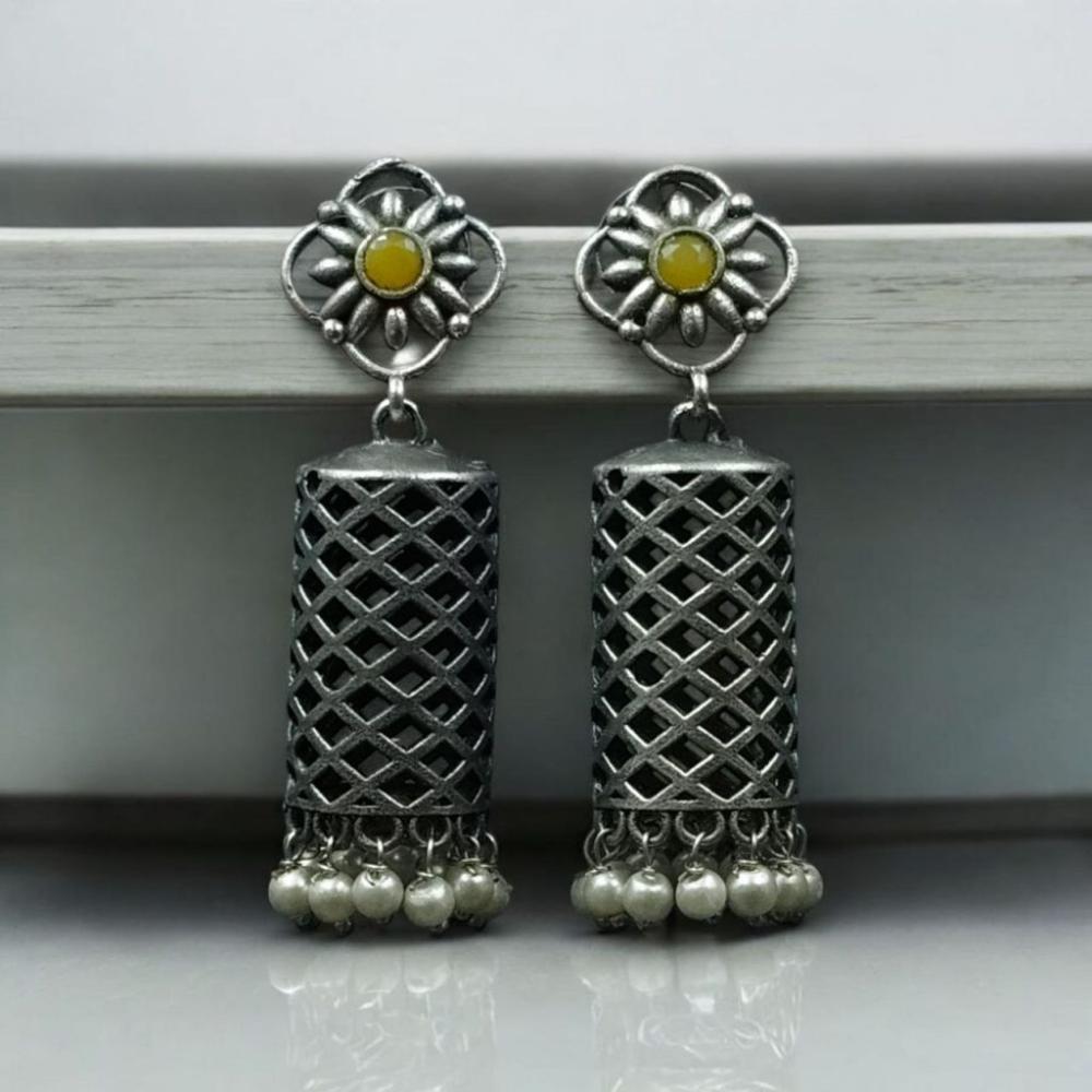Maharani Jewels Ethnic Oxidized Plated Pota Stone And Pearl Jhumki Earrings