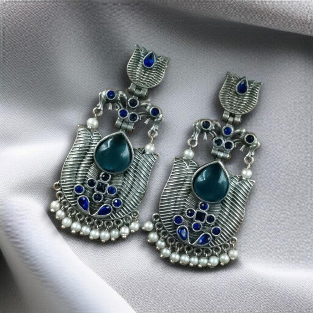 Maharani Jewels Ethnic Oxidized Plated Pota Stone And Pearl Jhumki Earrings