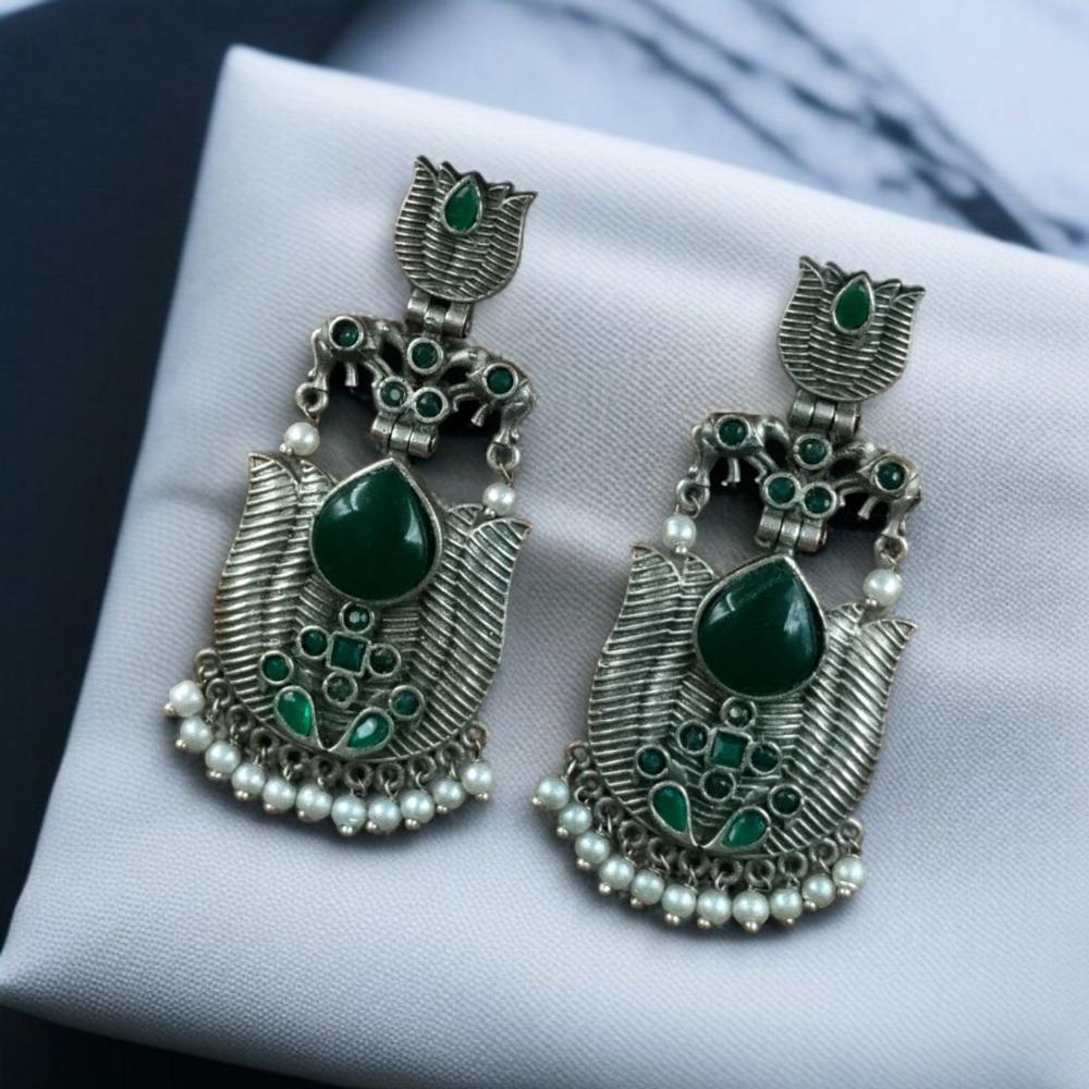 Maharani Jewels Ethnic Oxidized Plated Pota Stone And Pearl Jhumki Earrings