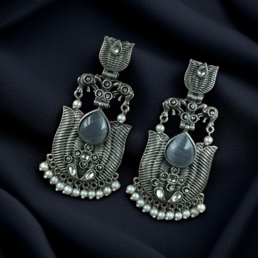Maharani Jewels Ethnic Oxidized Plated Pota Stone And Pearl Jhumki Earrings