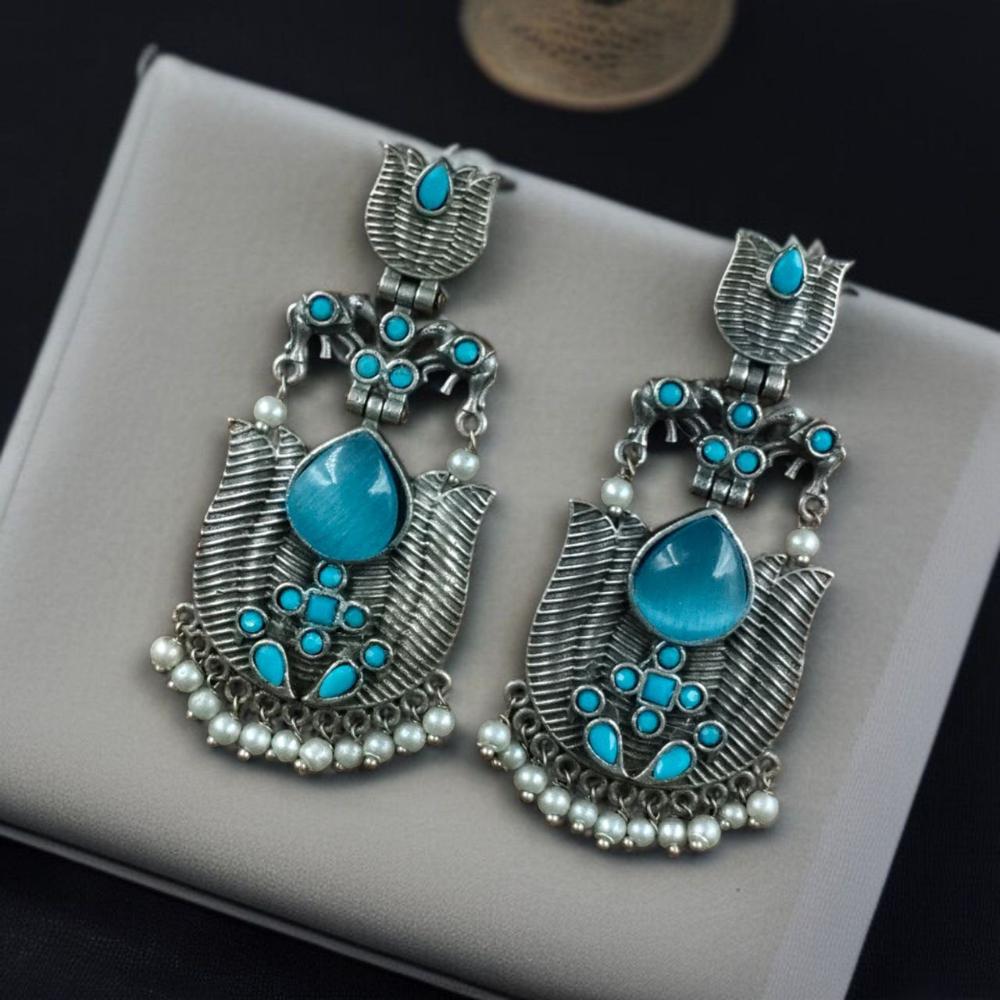 Maharani Jewels Ethnic Oxidized Plated Pota Stone And Pearl Jhumki Earrings