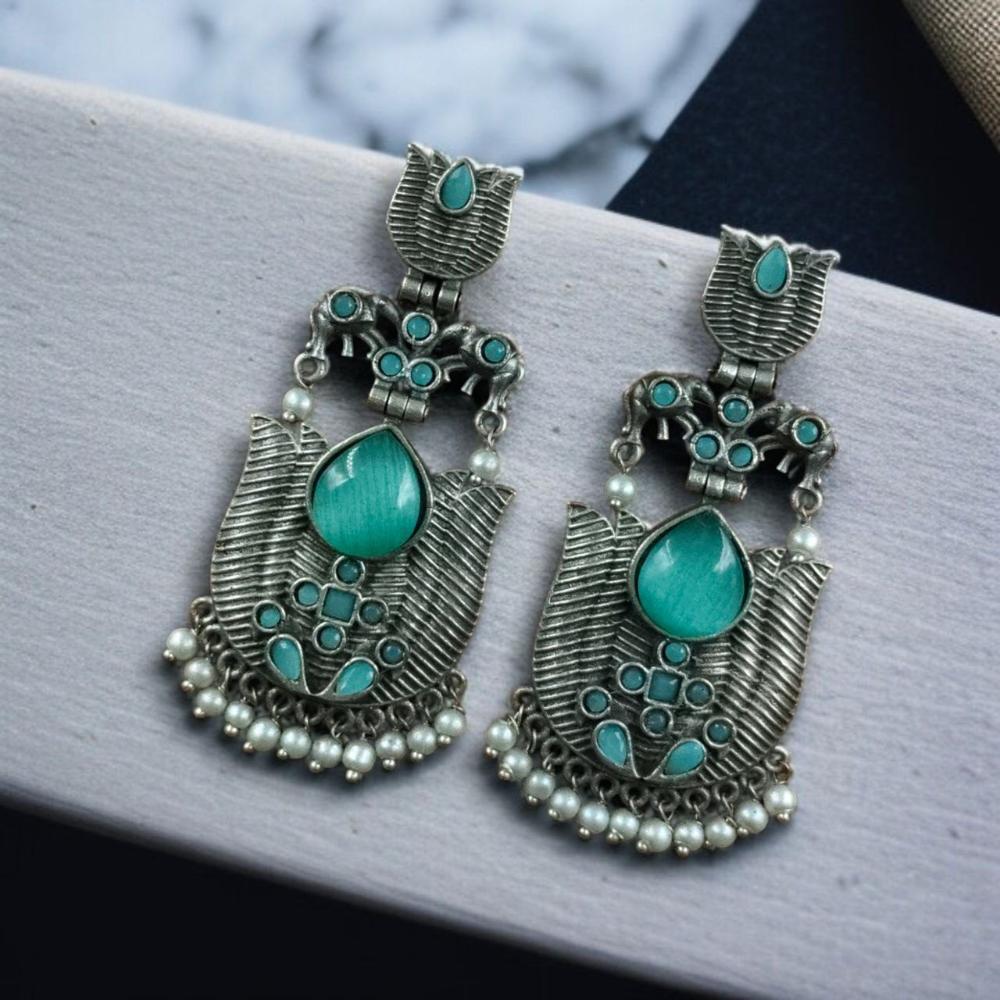 Maharani Jewels Ethnic Oxidized Plated Pota Stone And Pearl Jhumki Earrings