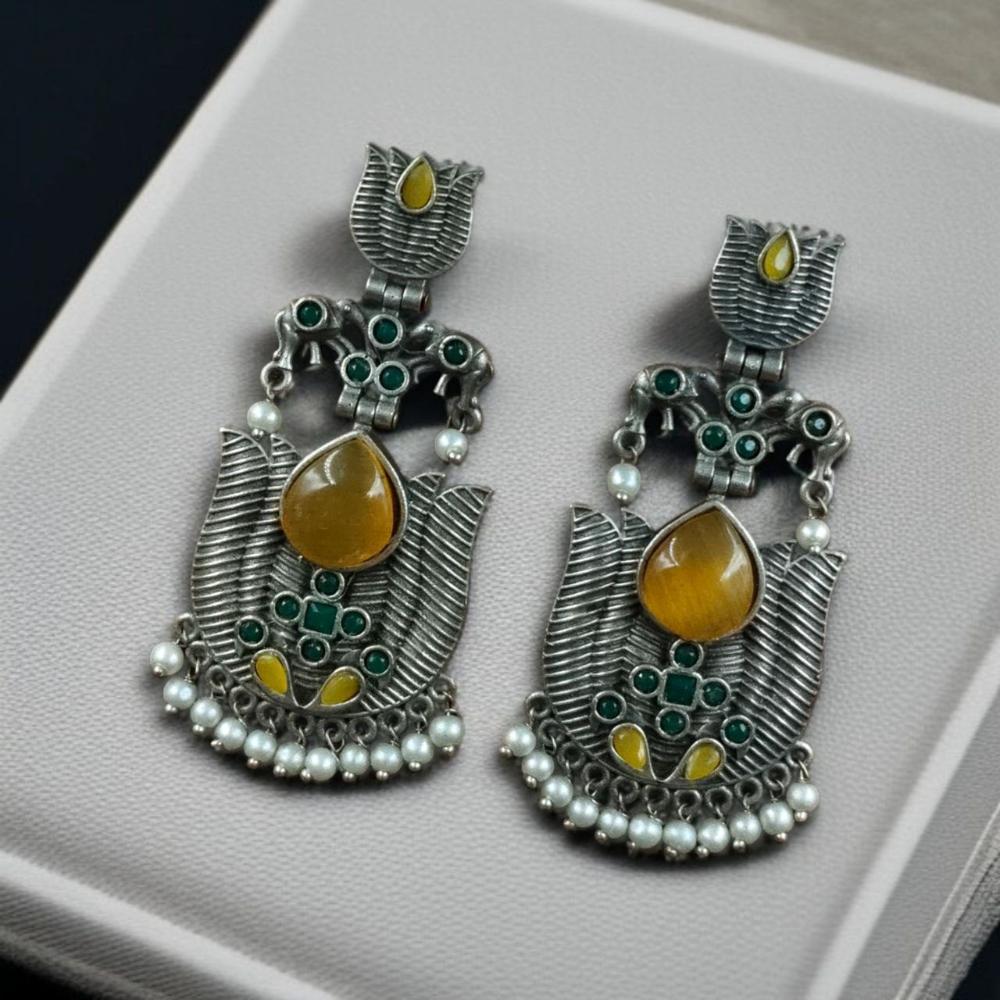 Maharani Jewels Ethnic Oxidized Plated Pota Stone And Pearl Jhumki Earrings