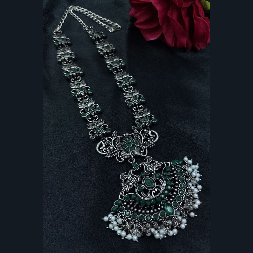 Maharani Jewels Oxidised Plated Pota Stone And Pearls Long Necklace Set