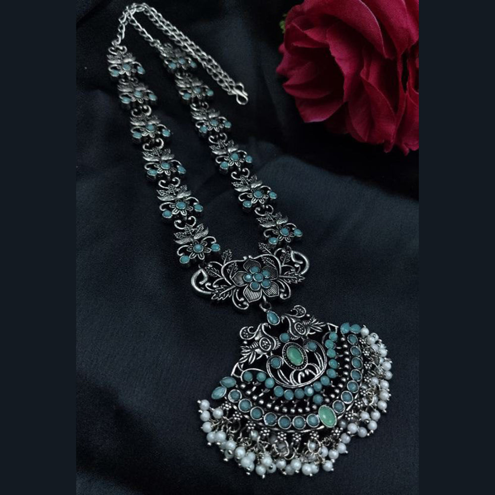 Maharani Jewels Oxidised Plated Pota Stone And Pearls Long Necklace Set