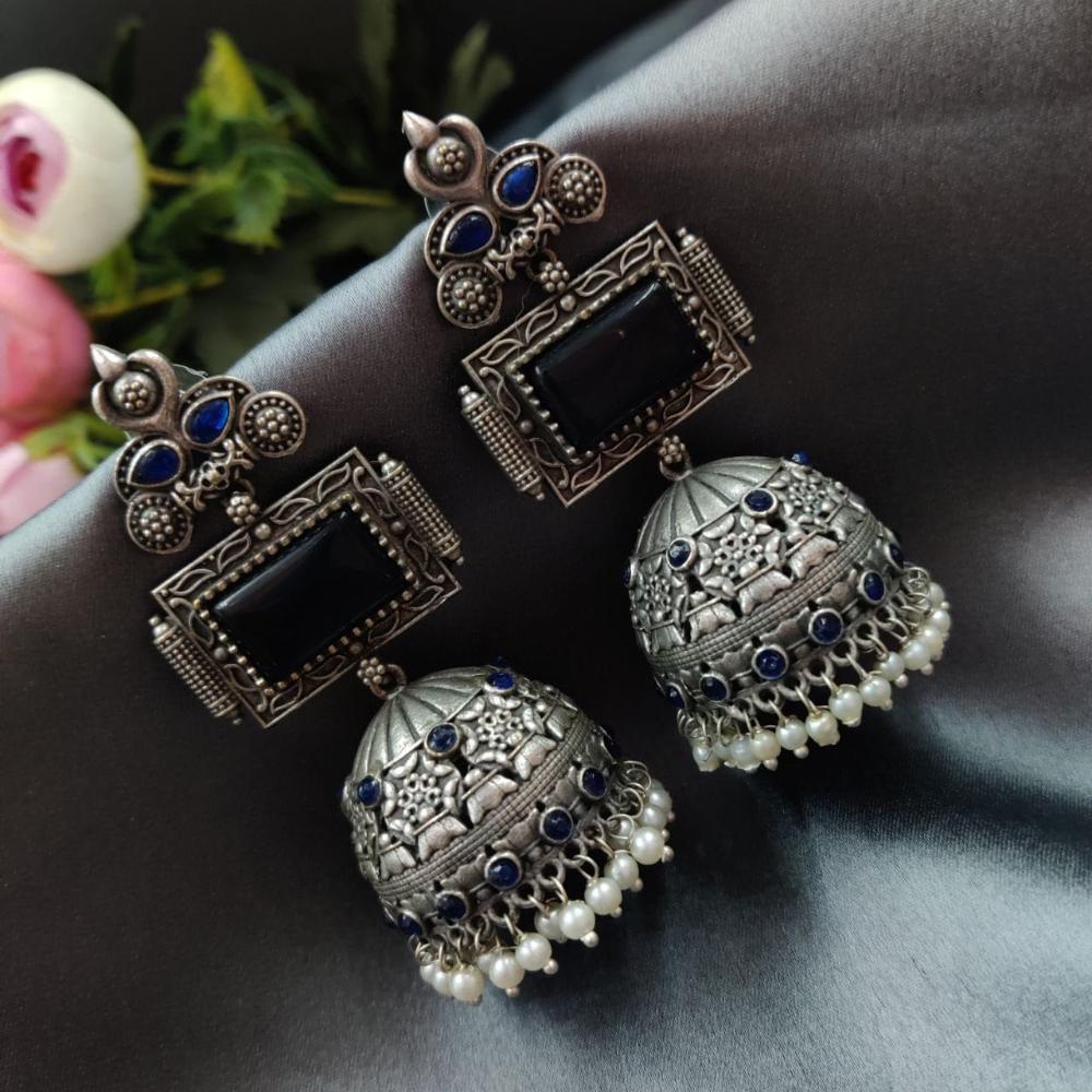 Maharani Jewels Oxidized Plated Pota Stone And Pearl Jhumki Earrings