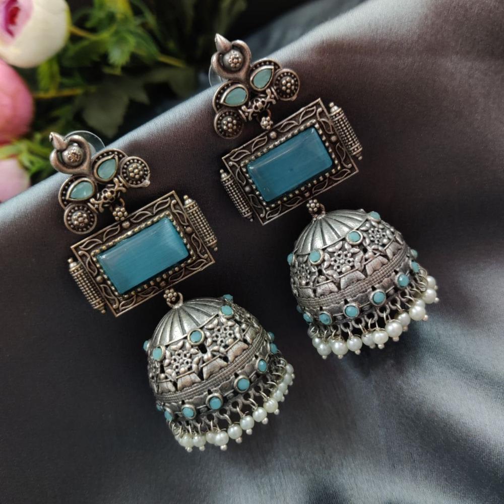 Maharani Jewels Oxidized Plated Pota Stone And Pearl Jhumki Earrings