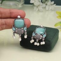 Maharani Jewels Oxidized Plated Pota Stone And Pearl Dangler Earrings (Assorted Color)