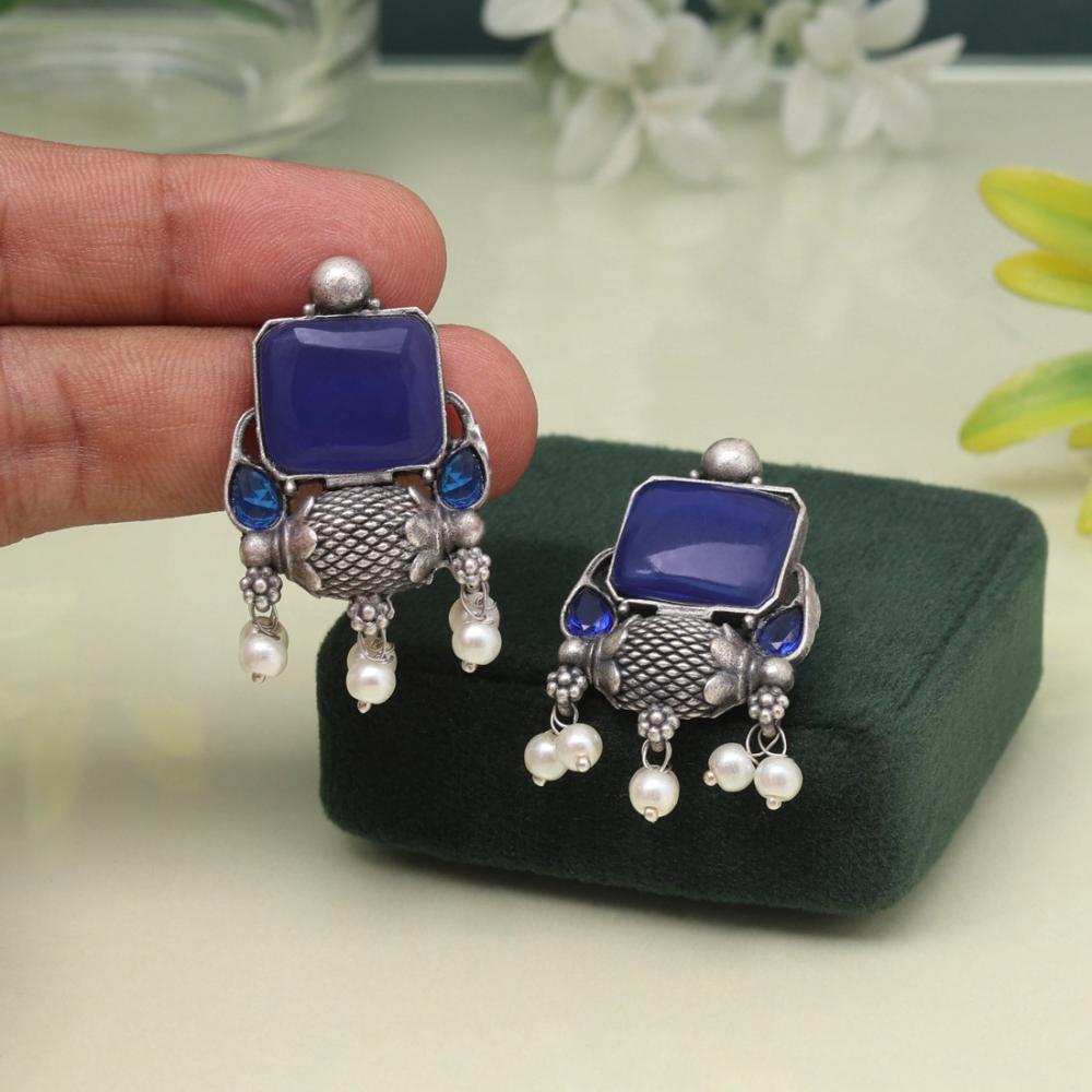Maharani Jewels Oxidized Plated Pota Stone And Pearl Dangler Earrings (Assorted Color)