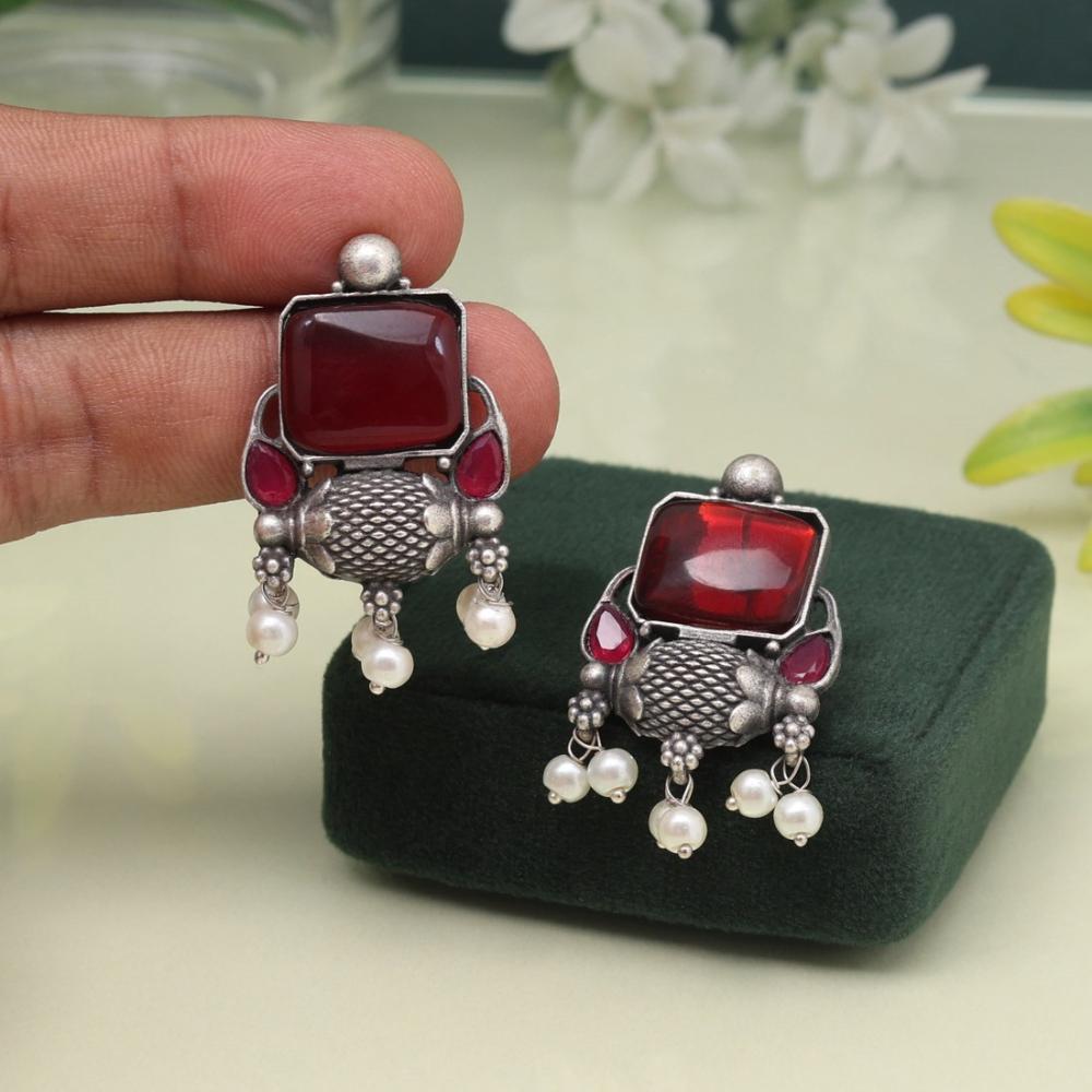 Maharani Jewels Oxidized Plated Pota Stone And Pearl Dangler Earrings (Assorted Color)