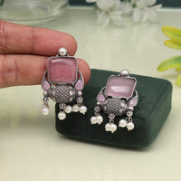 Maharani Jewels Oxidized Plated Pota Stone And Pearl Dangler Earrings (Assorted Color)