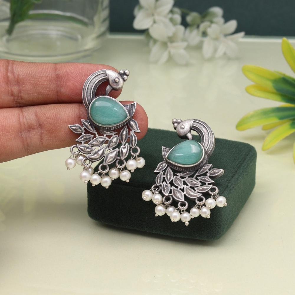 Maharani Jewels Oxidized Plated Pota Stone And Pearl Dangler Earrings (Assorted Color)