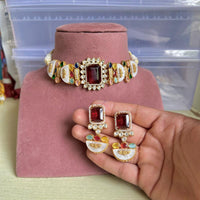 Maharani Jewels Gold Plated Crystal And Pota Stone Choker Neckalce Set