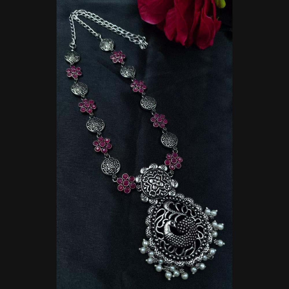 Maharani Jewels Oxidised Plated Pota Stone And Pearls Long Necklace Set