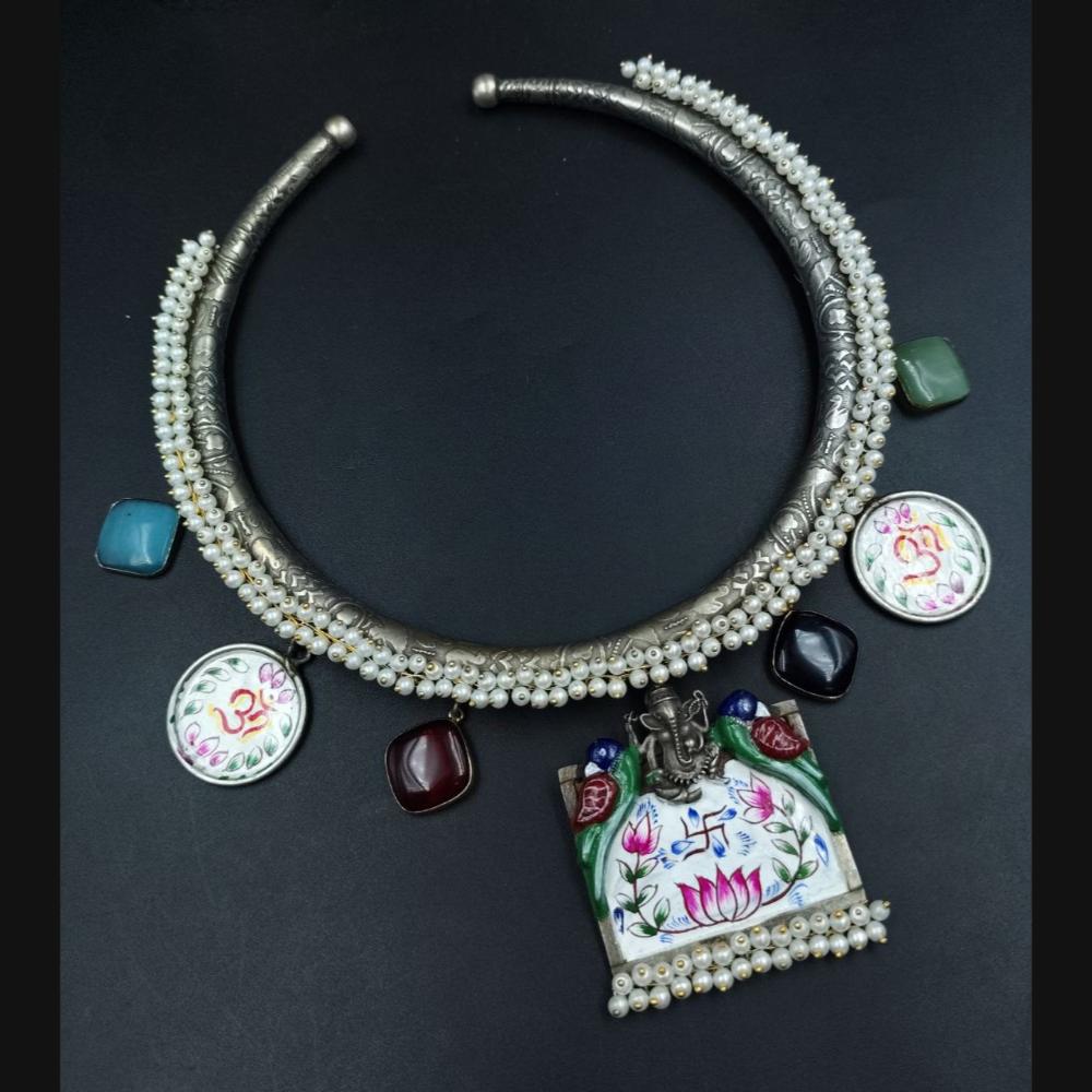 Maharani Jewels Oxidised Plated Pota Stone And Pearls Meenakari Necklace