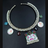 Maharani Jewels Oxidised Plated Pota Stone And Pearls Meenakari Necklace 