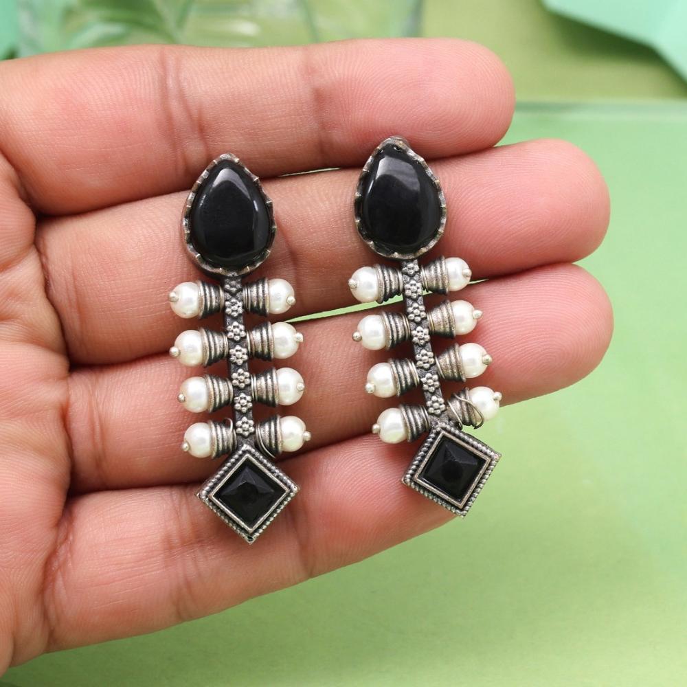 Maharani Oxidised Pota Stone And Pearls Dangler Earrings