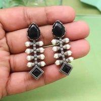 Maharani Oxidised Pota Stone And Pearls Dangler Earrings
