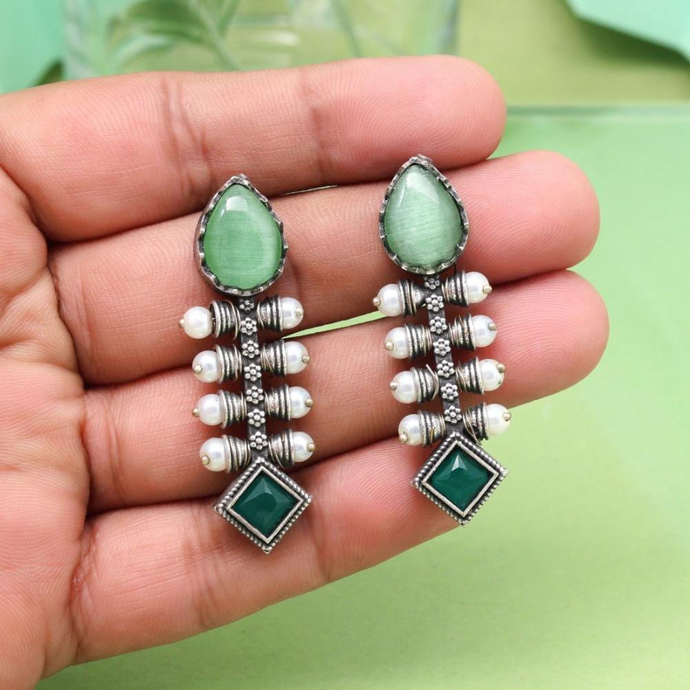 Maharani Oxidised Pota Stone And Pearls Dangler Earrings
