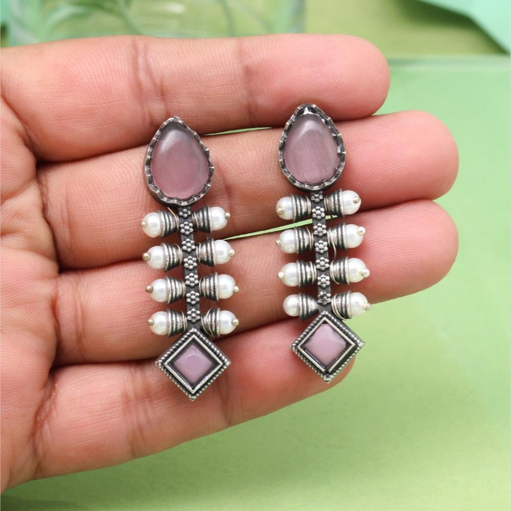 Maharani Oxidised Pota Stone And Pearls Dangler Earrings