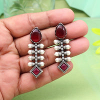Maharani Oxidised Pota Stone And Pearls Dangler Earrings