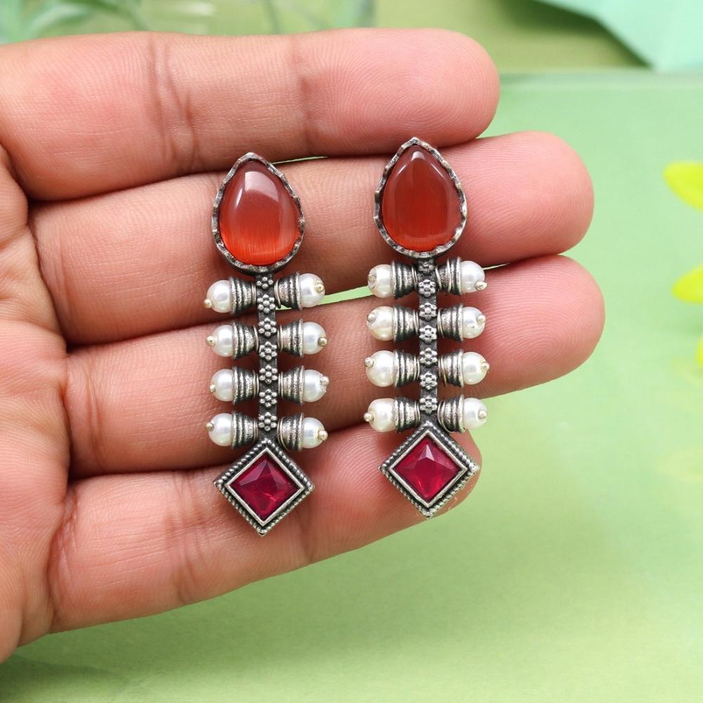 Maharani Oxidised Pota Stone And Pearls Dangler Earrings