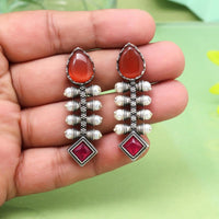 Maharani Oxidised Pota Stone And Pearls Dangler Earrings