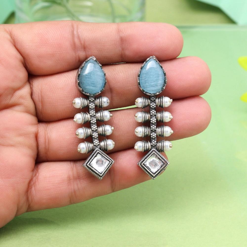 Maharani Oxidised Pota Stone And Pearls Dangler Earrings