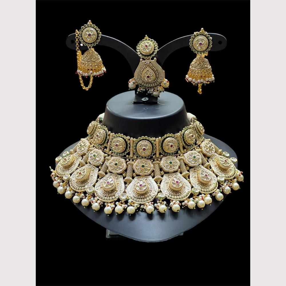 Maharani Jewels Pota Stone And Pearls Meenakari Choker Necklace Set