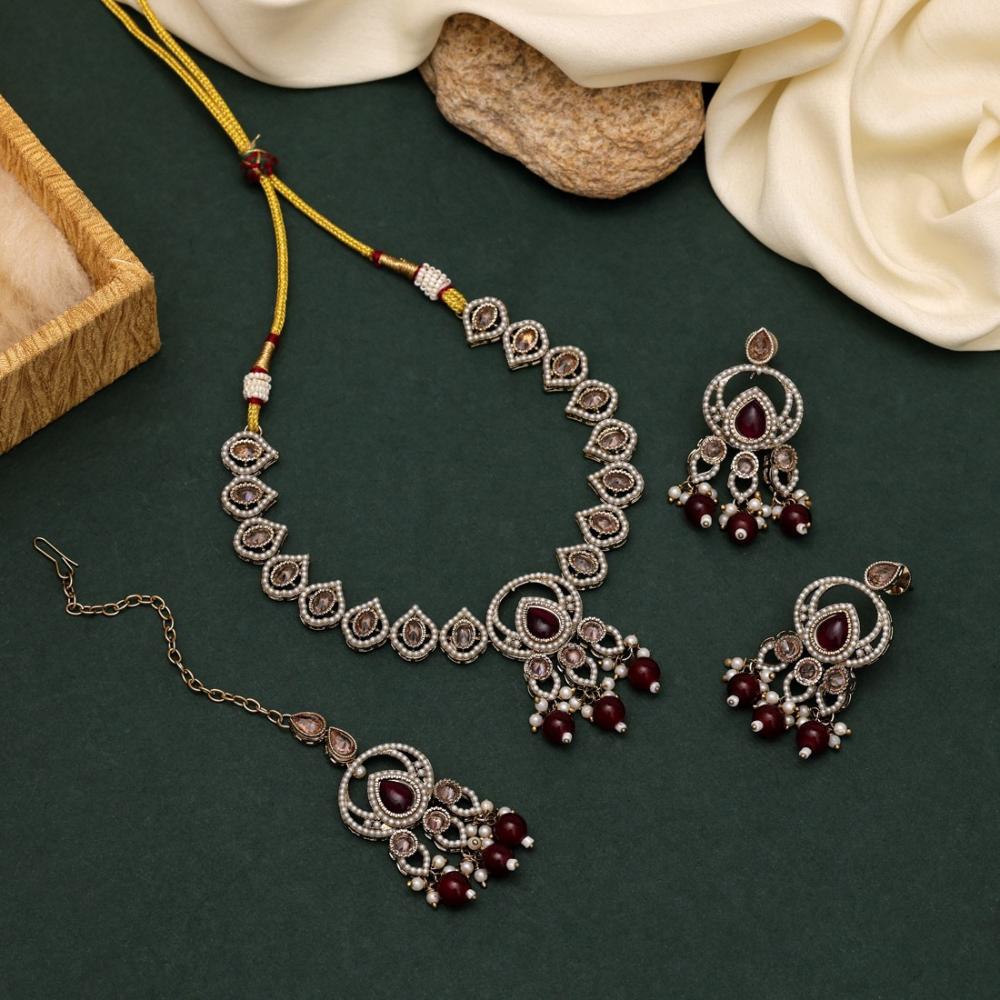 Maharani Jewels Pota Stone and Crystals With Pearl Drops Necklace Set
