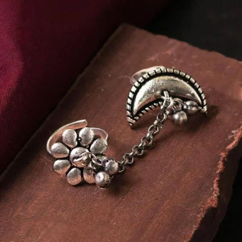 Maharani Jewels Oxidised Moon Shape Ring With Floral Design