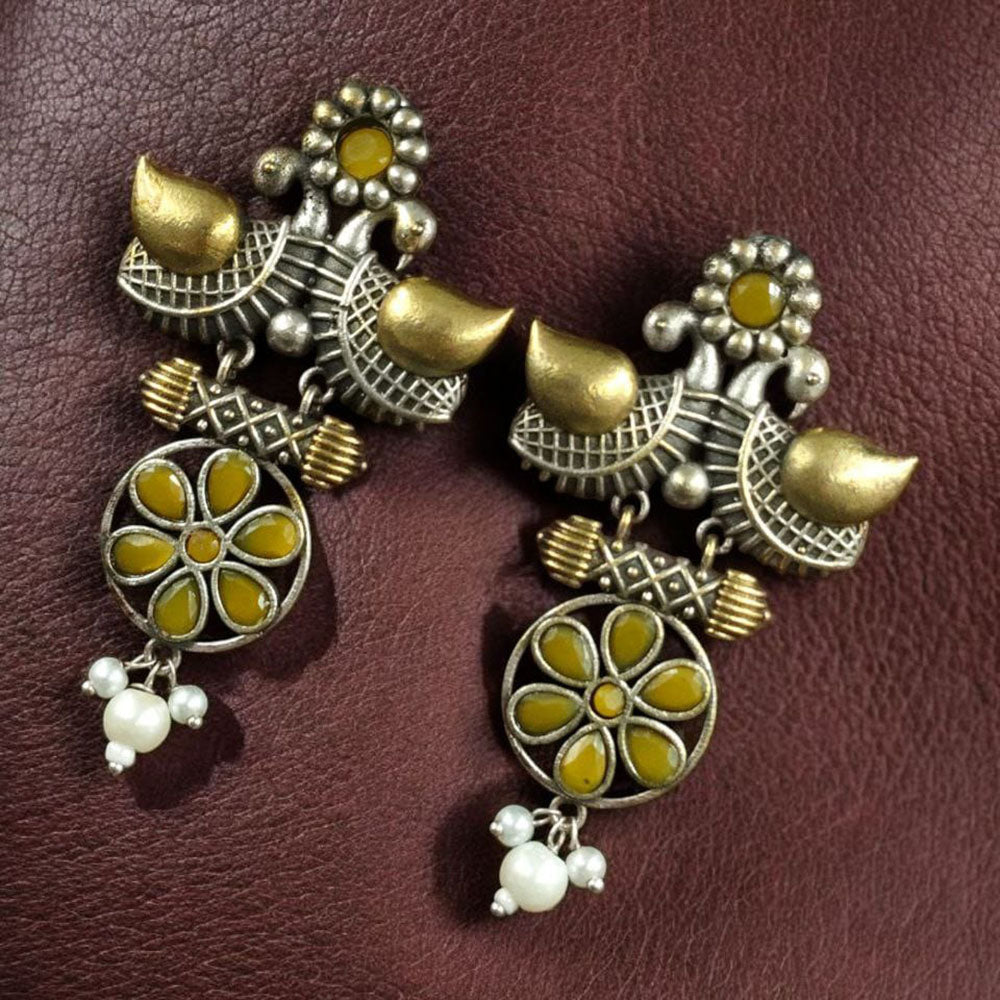 Maharani Jewels Regal Finish 2-Tone Plated Pota Stone And Pearl Dangler Earrings