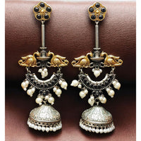 Maharani Jewels Regal Finish 2-Tone Plated Pota Stone And Pearl Jhumki Earrings