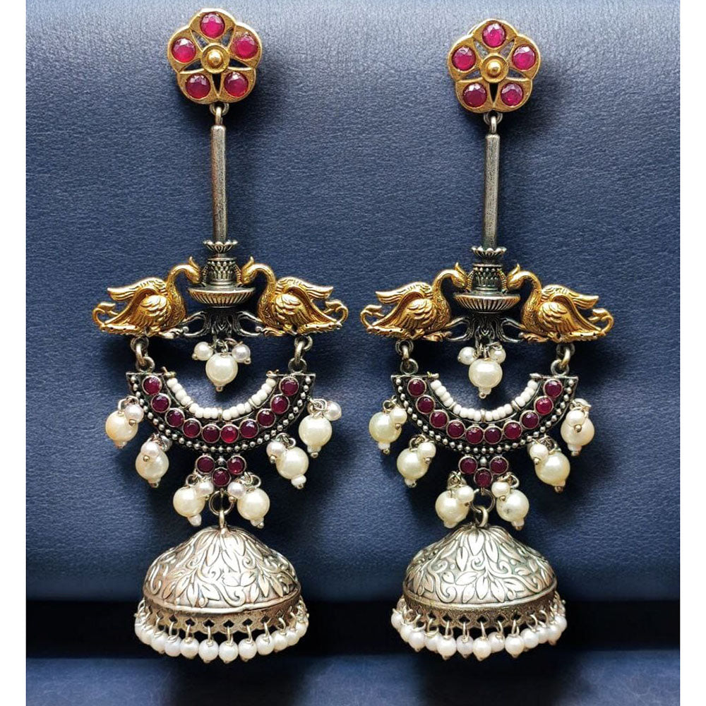 Maharani Jewels Regal Finish 2-Tone Plated Pota Stone And Pearl Jhumki Earrings