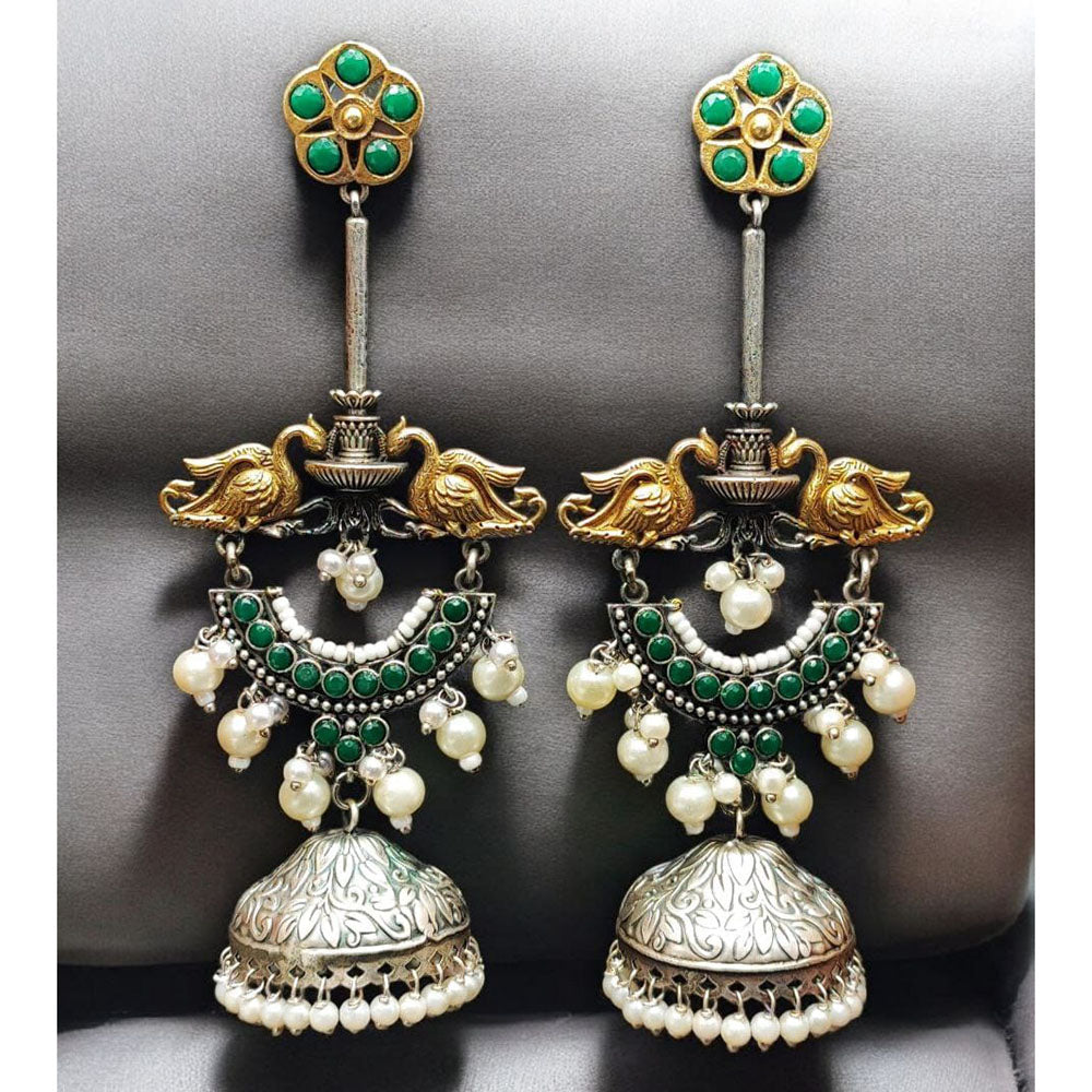 Maharani Jewels Regal Finish 2-Tone Plated Pota Stone And Pearl Jhumki Earrings