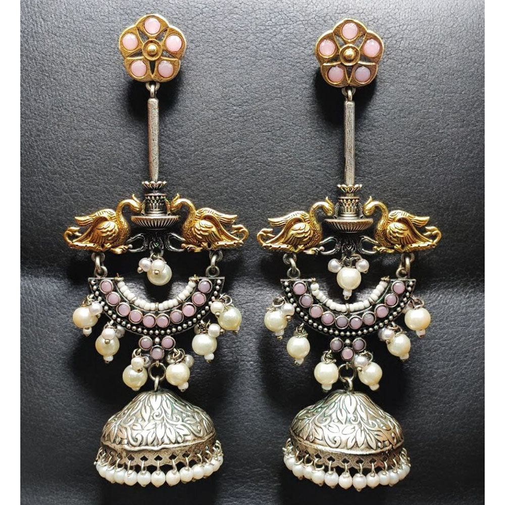 Maharani Jewels Regal Finish 2-Tone Plated Pota Stone And Pearl Jhumki Earrings