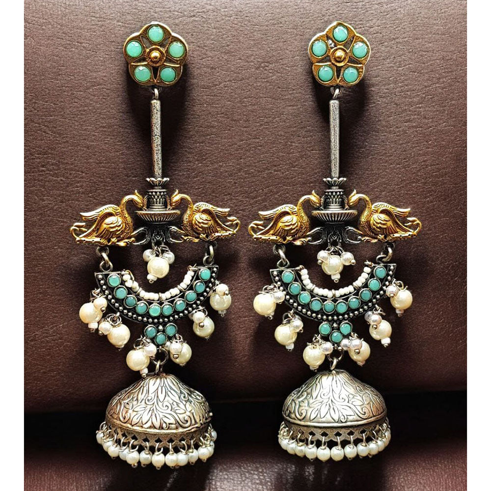 Maharani Jewels Regal Finish 2-Tone Plated Pota Stone And Pearl Jhumki Earrings