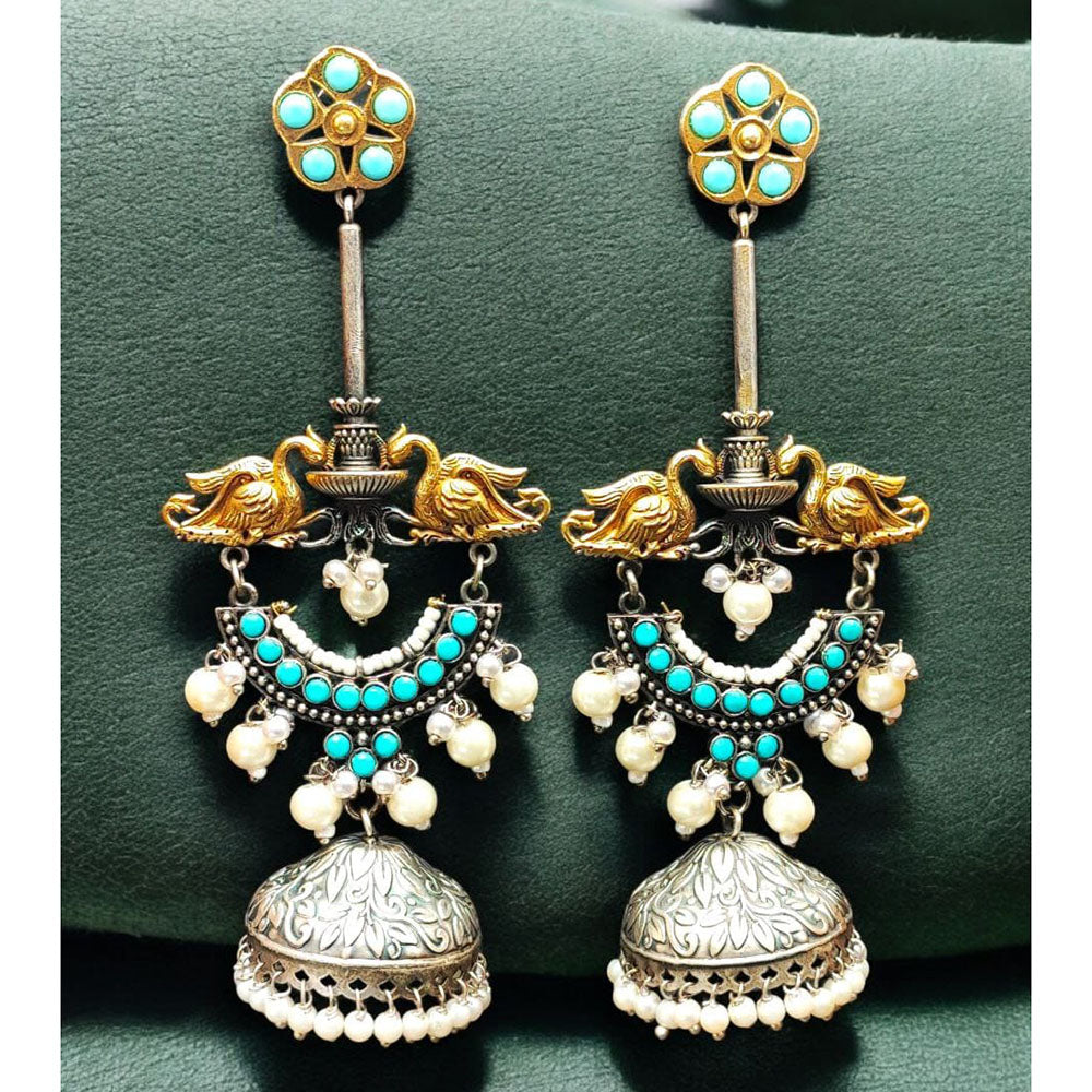 Maharani Jewels Regal Finish 2-Tone Plated Pota Stone And Pearl Jhumki Earrings
