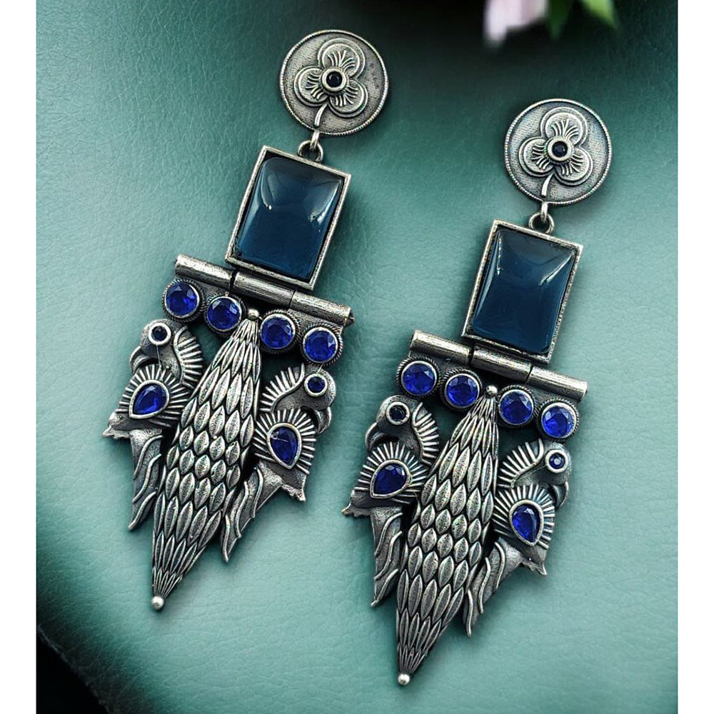 Maharani Jewels Statement Peacock Oxidised Pota Stone Dangler Earrings