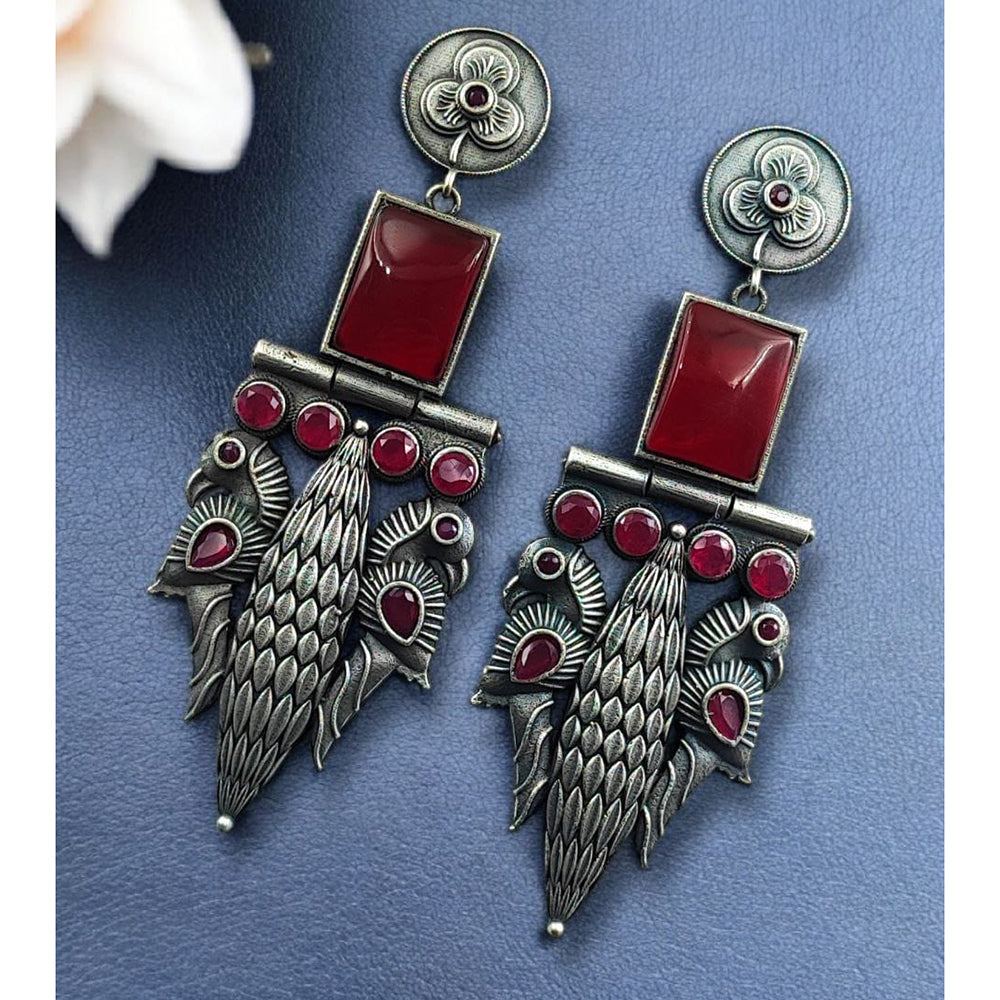Maharani Jewels Statement Peacock Oxidised Pota Stone Dangler Earrings