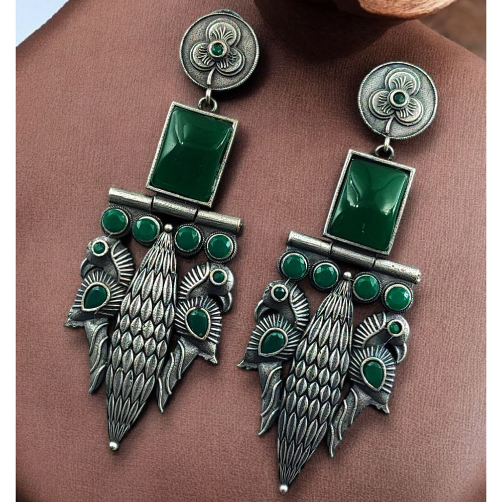 Maharani Jewels Statement Peacock Oxidised Pota Stone Dangler Earrings